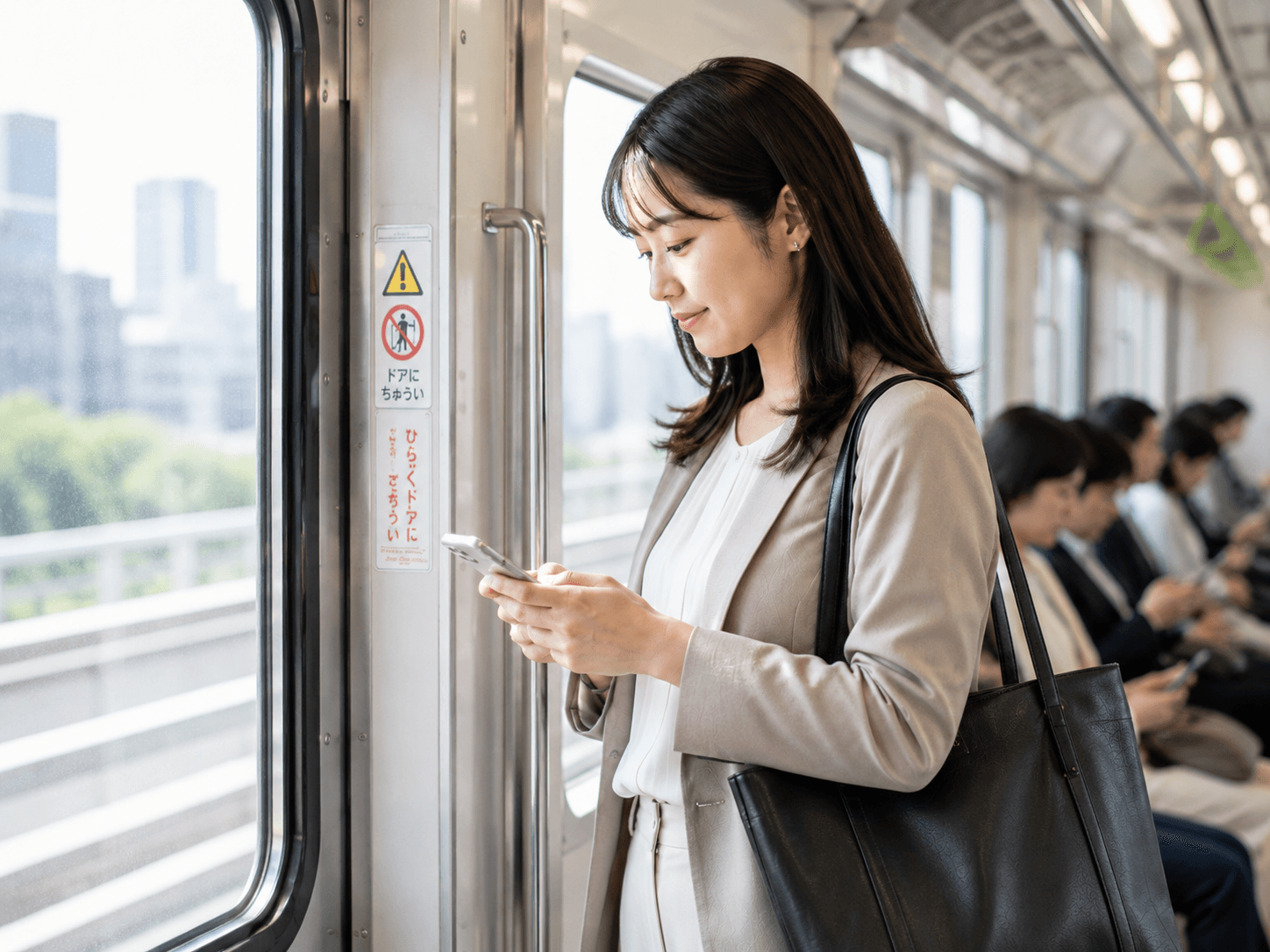 通勤電車の中、スマホで昨日のジャーナルを見返している女性